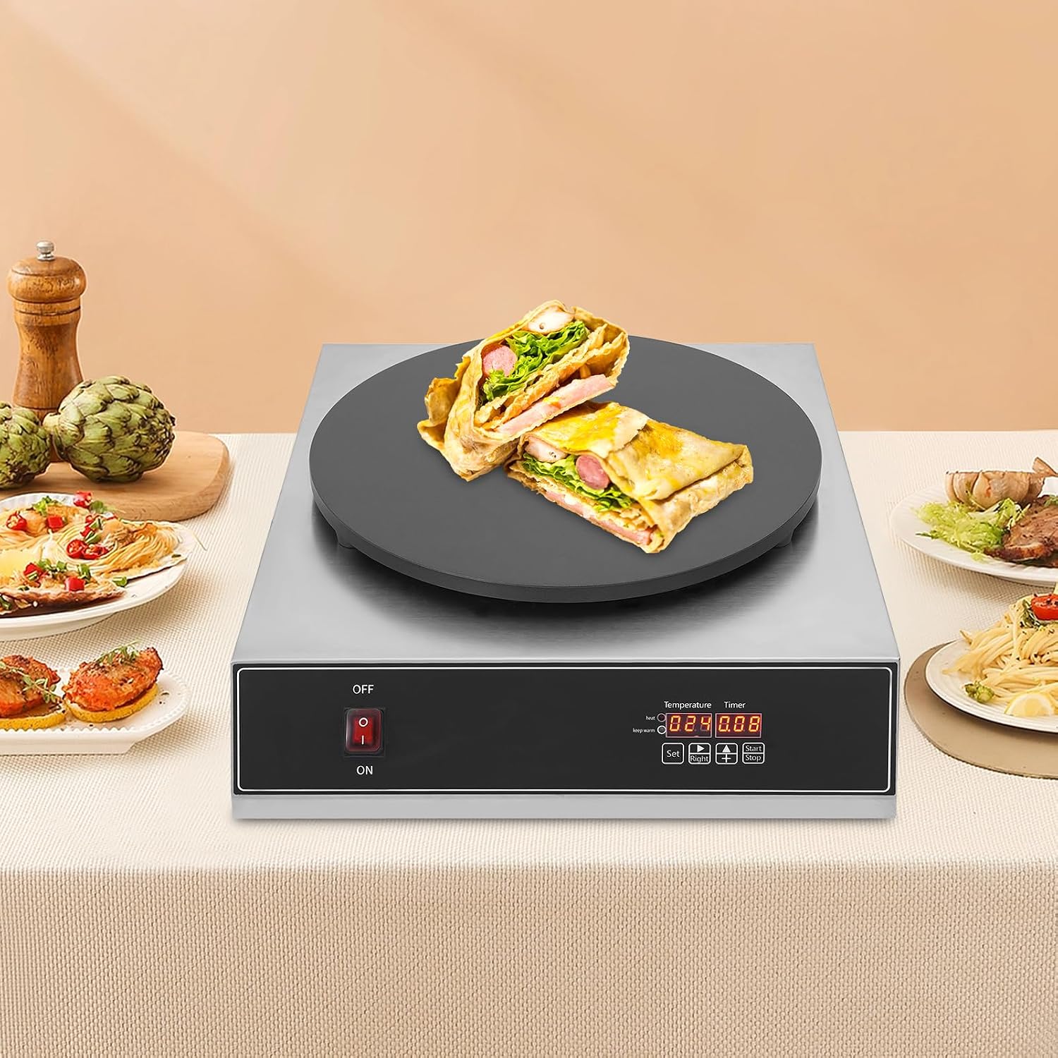 16'' Electric Crepe Maker, 1650W Commercial Stainless Steel Pancake Griddle, Non-Stick Crepe Machine with Adjustable Temperature & Timer
