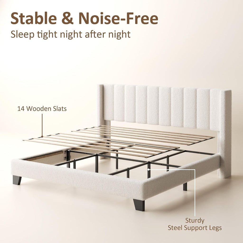 King Bed Frame with Headboard Upholstered Platform Bed Frame with Teddy Velvet Headboard, Wooden Slats Support/Wing Edge Design/No Box Spring Needed/Easy Assembly, Beige King