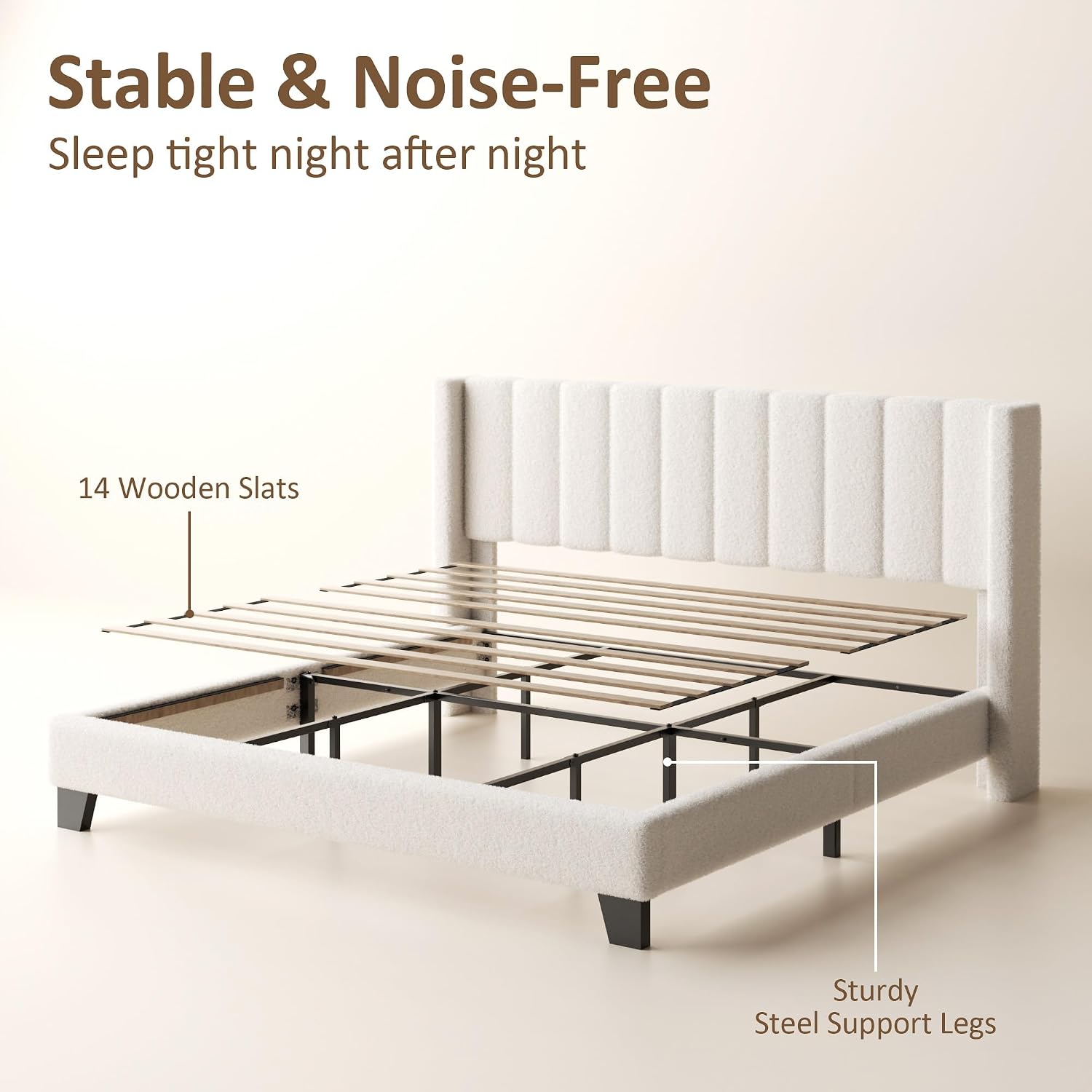 King Bed Frame with Headboard Upholstered Platform Bed Frame with Teddy Velvet Headboard, Wooden Slats Support/Wing Edge Design/No Box Spring Needed/Easy Assembly, Beige King