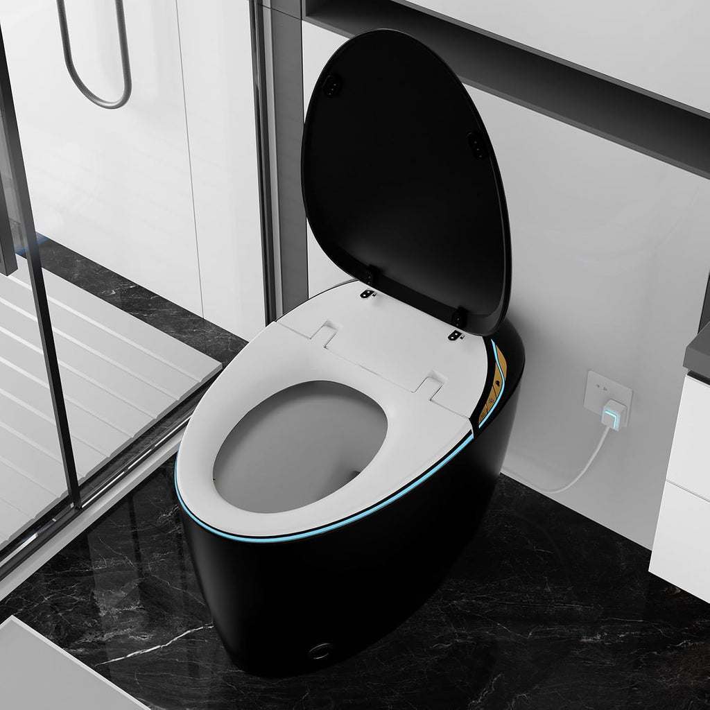 WinZo Luxury Smart Toilet With Bidet Seat, Elongated Egg Shaped Modern Design, Auto Open Auto Flush, Adjusted Heated Seat, Warm Water and Dryer, Night Light, Side Buttons, Matte Black