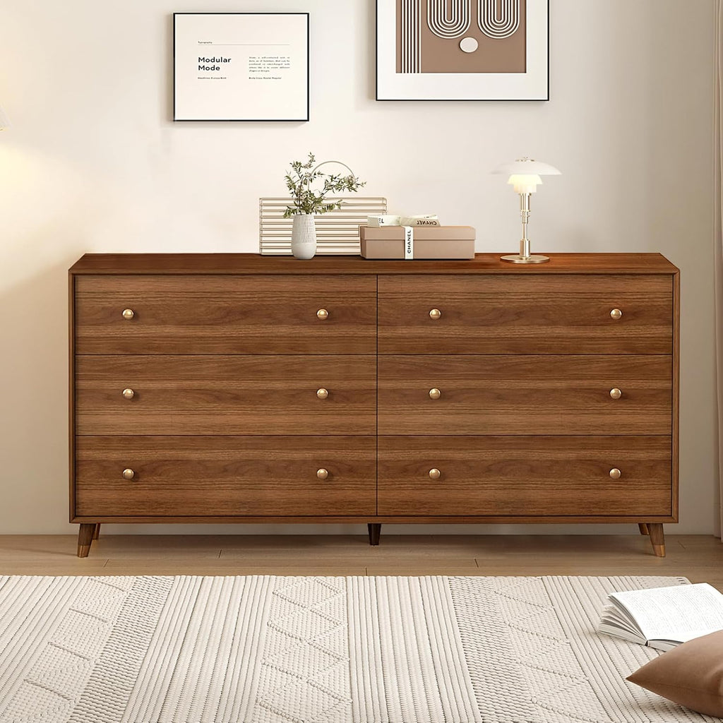 Messenya 6 Drawer Dresser for Bedroom, 55 Inch Walnut Dresser for Closet, Mid Century Wood Chest of Drawers with Natural Texture & Pre-Embedded Slots for TV Stand, Living Room, Hallway, Office