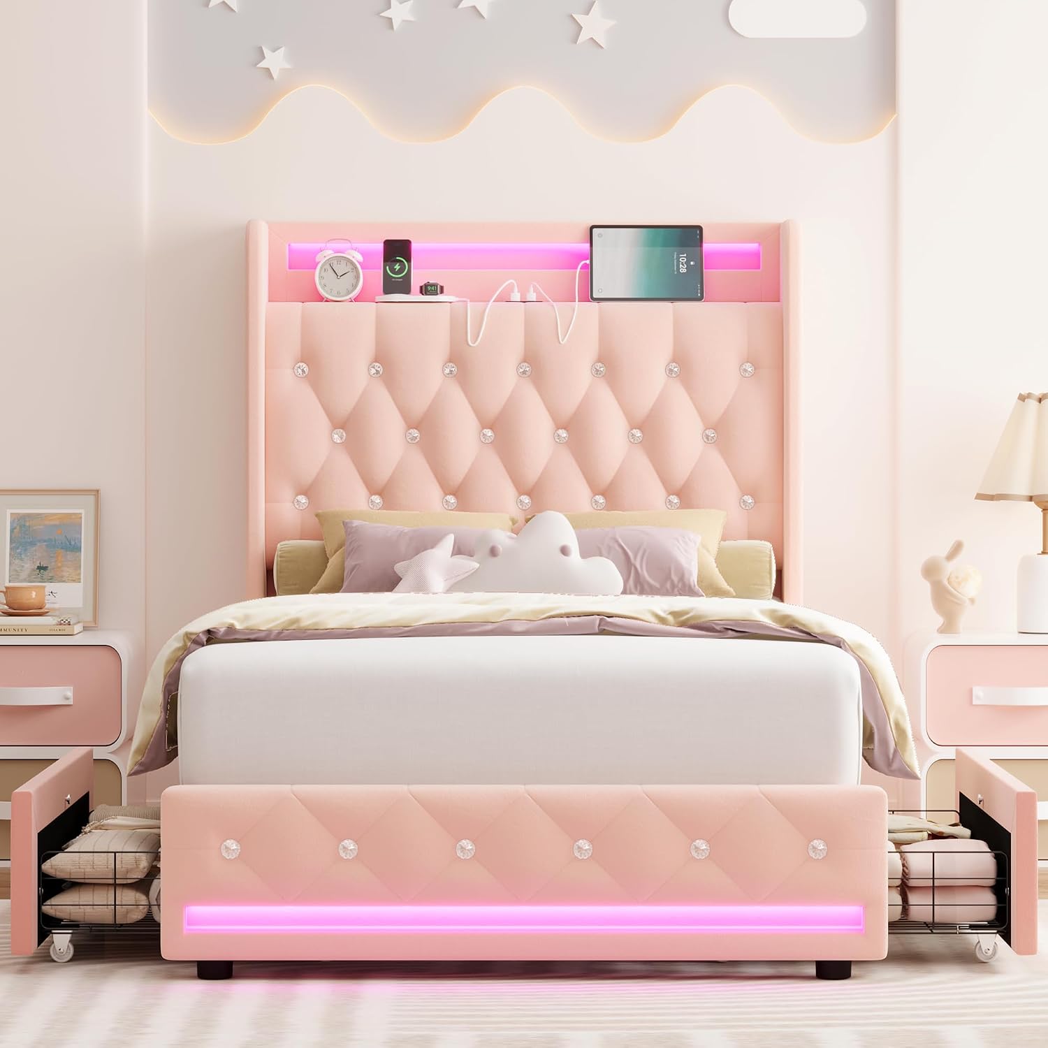 HIFIT Upholstered Twin LED Bed Frame with Charging Station Headboard & 2 Storage Drawers, Velvet Crystal Button-Tufted Princess Twin Size Platform Bed Frames for Kids/Girls, No Box Spring Needed, Pink