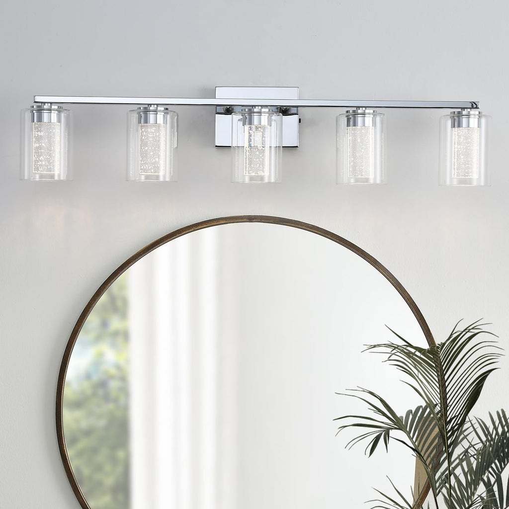 EMONG 5-Light Chrome Bathroom Light Fixtures,Dimmable 5CCT LED Vanity Lights with Clear Glass,2700K-6500K Adjustable Crystal Bubble Bathroom Lights Over Mirror for Hallway,Living Room