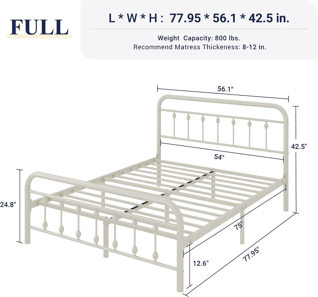 Allewie 14 Inches Full Size Metal Platform Bed Frame with Victorian Style Iron-Art Headboard/Footboard, Mattress Foundation, Easy Assembly, Under Bed Storage, No Box Spring Required, Off White