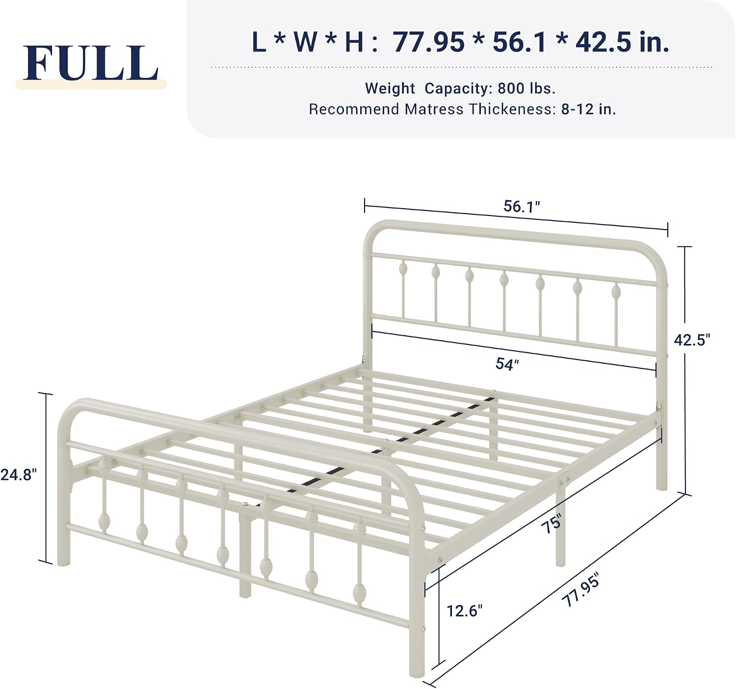Allewie 14 Inches Full Size Metal Platform Bed Frame with Victorian Style Iron-Art Headboard/Footboard, Mattress Foundation, Easy Assembly, Under Bed Storage, No Box Spring Required, Off White