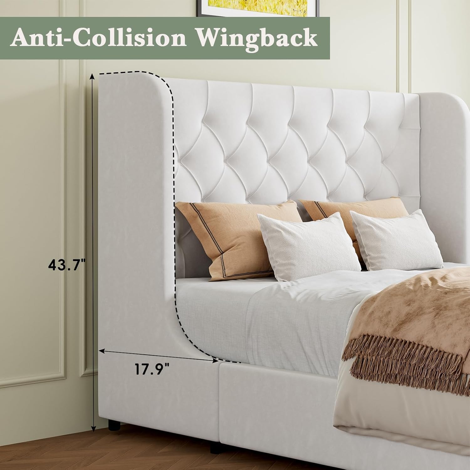 HOMBCK White Full Size Bed Frame, Upholstered Platform Bed Frame with Headboard, Velvet Tufted, Curved Wingback Design, Wooden Slats, No Box Spring, Noise Free, Easy Assembly