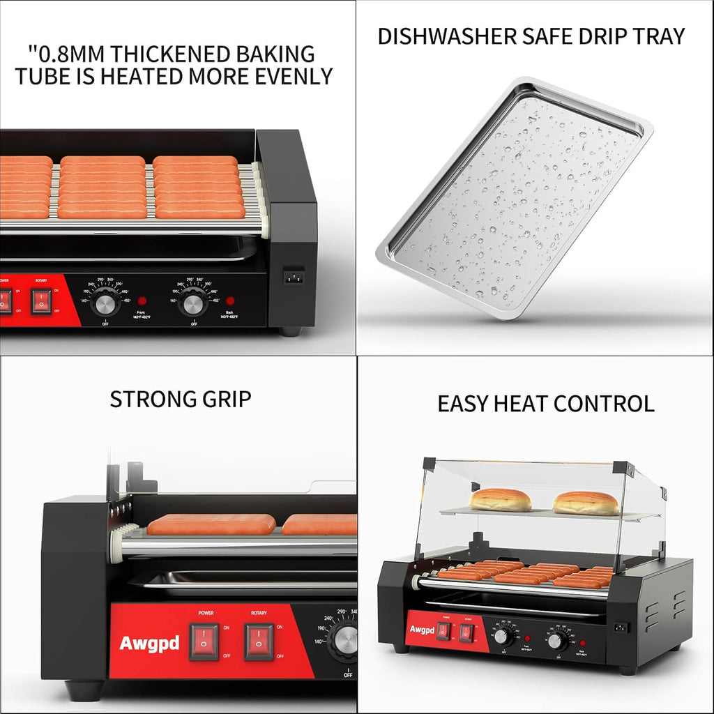 Hot Dog Roller, 18 Hot Dog 7 Rollers, Stainless Steel Hot Dog Cooker, 1050W Commercial Hot Dog Machine with Dual Temp Control, Cover, Removable Shelf & Oil Drip Tray(7 Rollers+Cover)