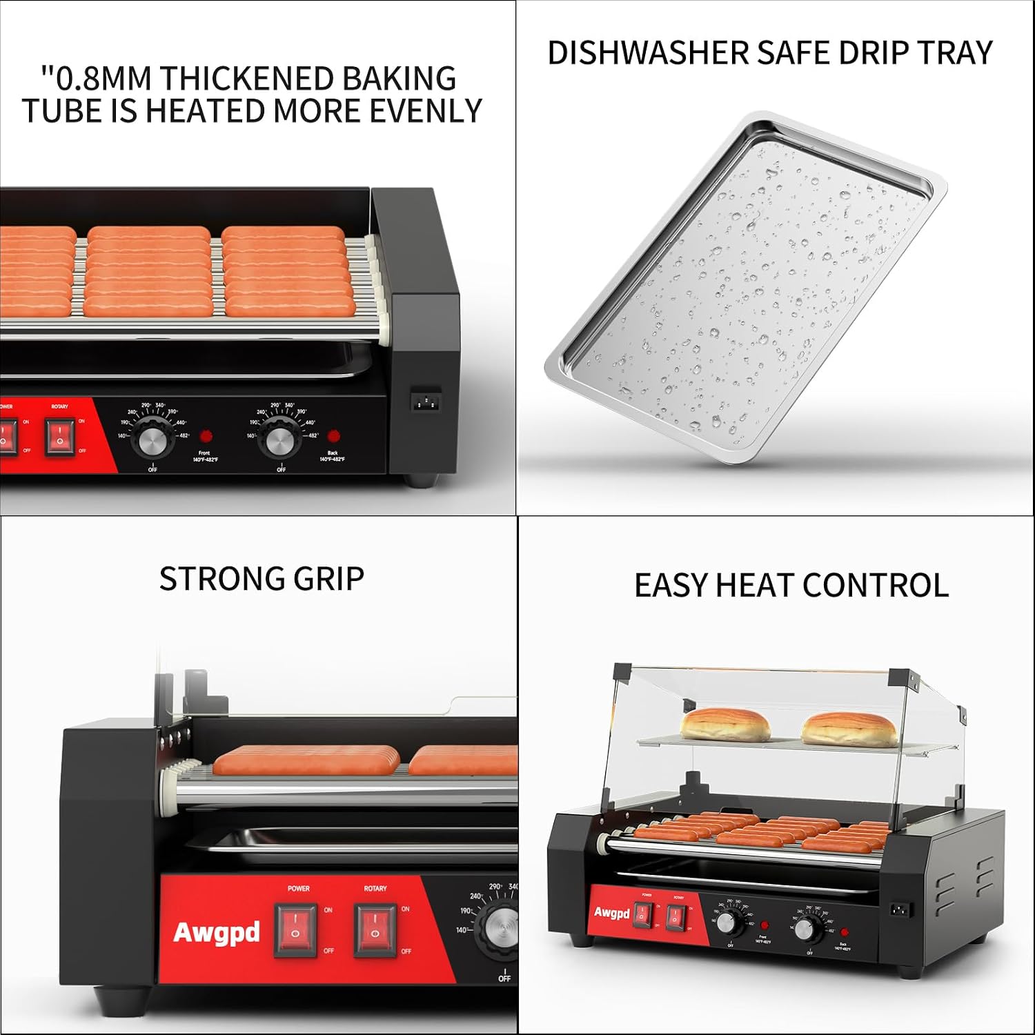 Hot Dog Roller, 18 Hot Dog 7 Rollers, Stainless Steel Hot Dog Cooker, 1050W Commercial Hot Dog Machine with Dual Temp Control, Cover, Removable Shelf & Oil Drip Tray(7 Rollers+Cover)