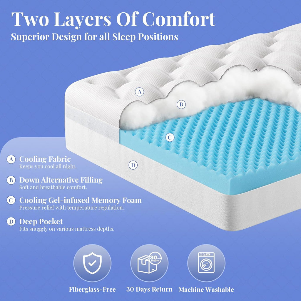 OhGeni Cooling 5 lnch Queen Size Dual Layer Mattress Topper, 3 Inch Egg Crate Gel Memory Foam, 2 Inch Pillow Top Pad, Bedroom Essentials Mattresses Cover, Extra Comfortable Sleep and Back Pain Relief