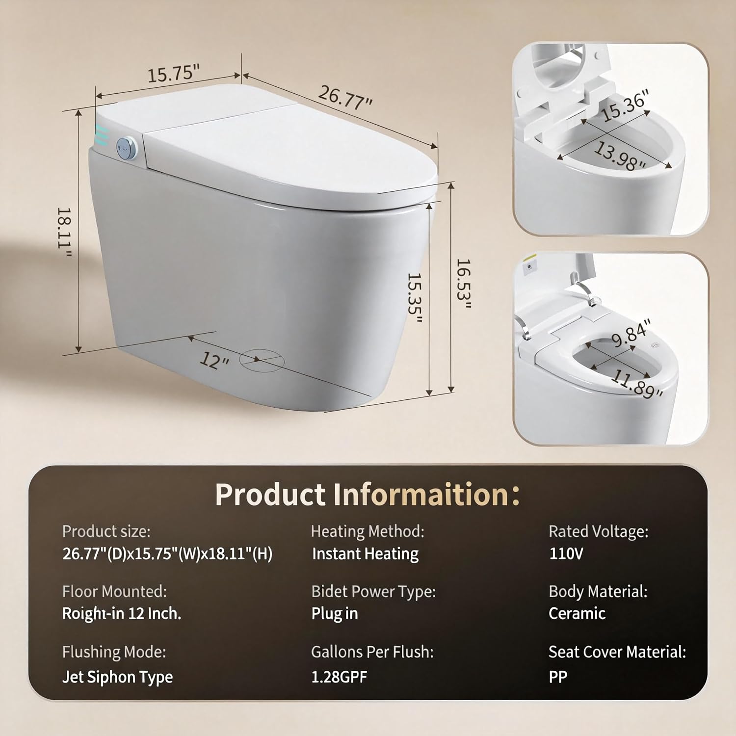 Smart Toilet with Auto Open/Close Lid, One Piece Bidet for Bathroom, Heated Seat, Foot Sensor, 1000 MaP Auto Flush, Instant Warm Water & Dryer, Multiple Wash Modes, Remote Control (ST-MX80)