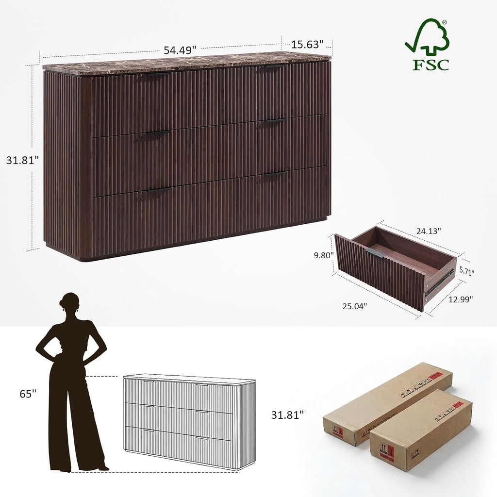 Dresser for Bedroom with 6 Drawers, 54'W Chest of Drawers, Fluted Dresser with Faux Marble Top, Curved Profile Design, Metal Handle, Wood Closet Storage Organizer for Living Room, Hallway, Dark Oak