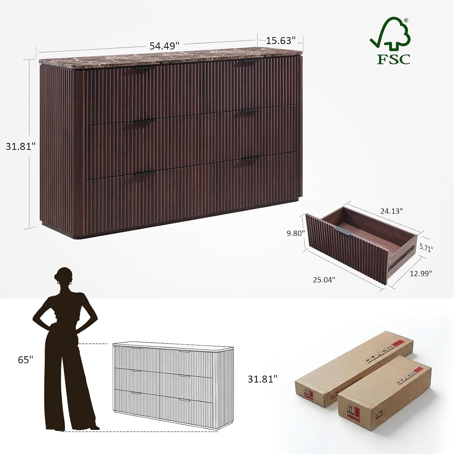 Dresser for Bedroom with 6 Drawers, 54'W Chest of Drawers, Fluted Dresser with Faux Marble Top, Curved Profile Design, Metal Handle, Wood Closet Storage Organizer for Living Room, Hallway, Dark Oak