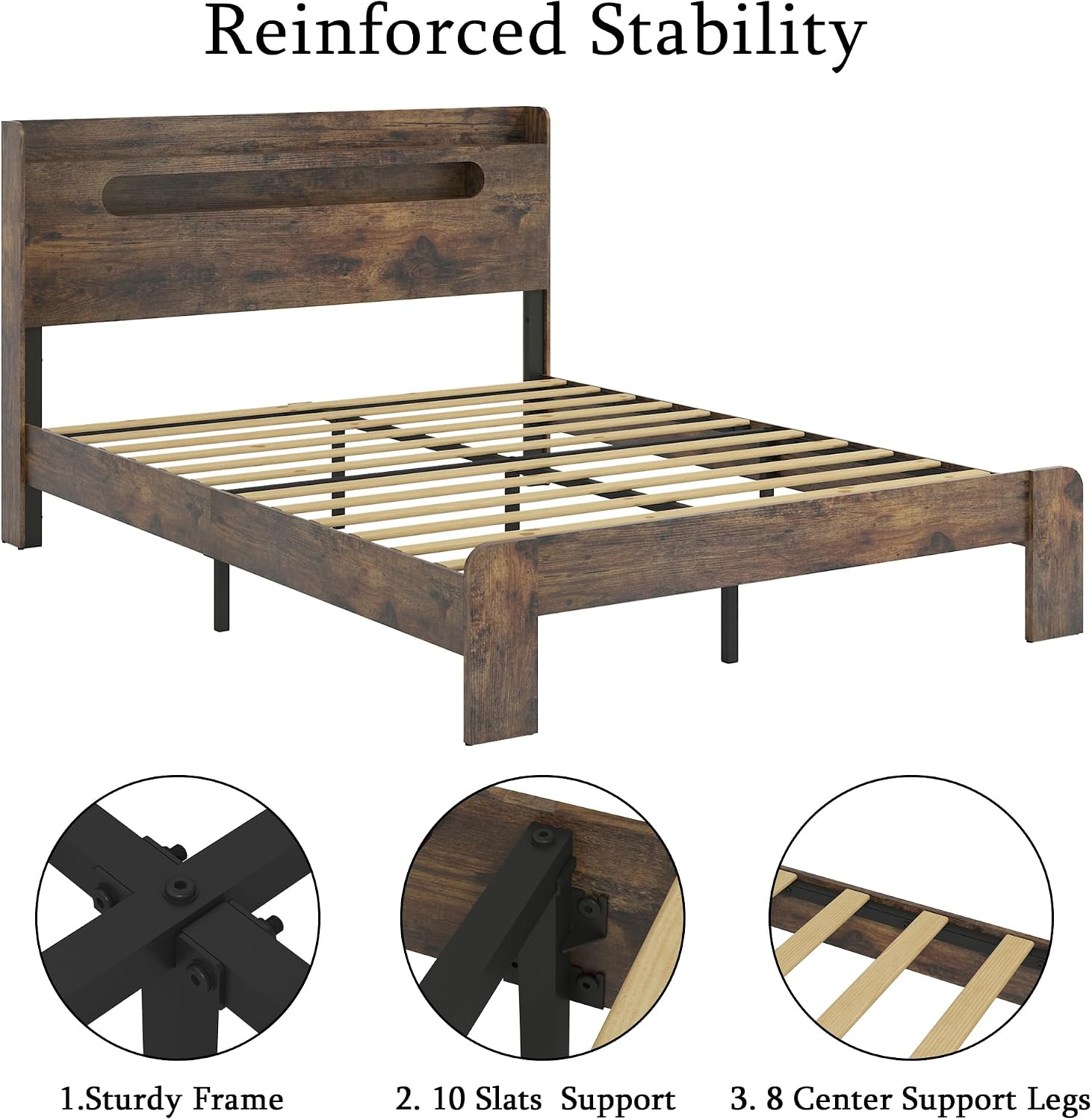 Bellemave Rustic Vintage Queen Size Bed Frame with Storage Headboard and Charging Station,Wooden Platform Bed Frame Queen Size with LED Lights and Wood Slats,Easy Assembly,Dark Brown