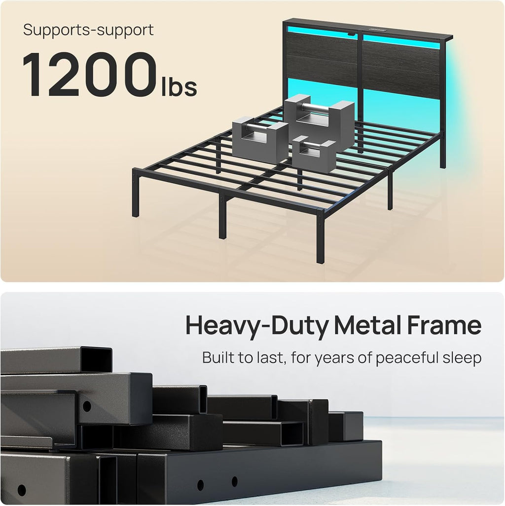 Rolanstar Full Bed Frame with Headboard, Bed Frame Full with LED Lights, Camas Full Size Bed with Charging Station, Solid Metal Slats, Noise Free, No Box Spring Needed, Black
