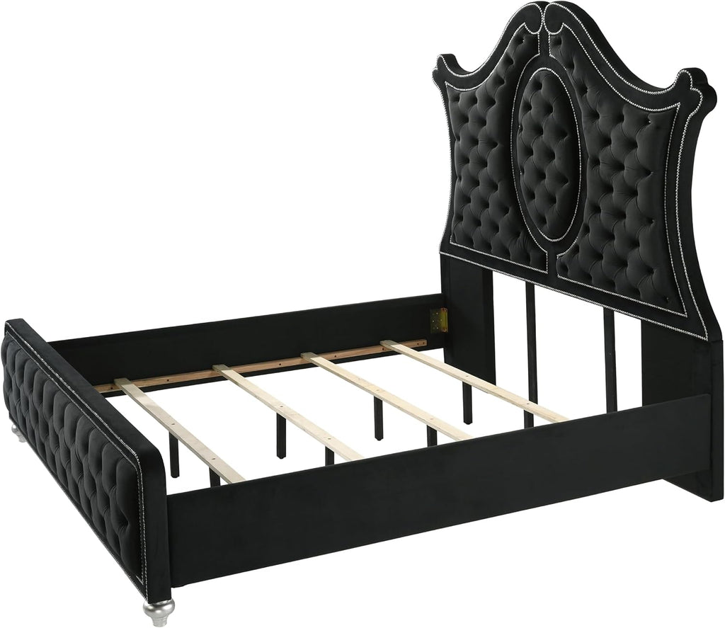 6pc Contemporary Black Finish Luxury Upholstered King Size Panel Bed Set Arched Headboard Master Bedroom Furniture