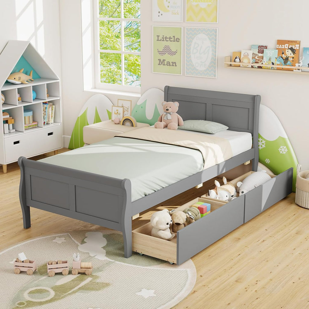 KOMFOTT 2 Twin Bed with 2 Drawers, Twin Storage Bed with Headboard for Bedroom, Sleigh Wood Bed Frame with Wooden Slats Support for Kids, Teens, Adults, No Box Spring Needed (Grey)