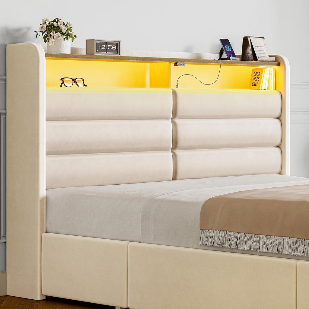 Seventable Full Bed Frame with Storage Drawers & Charging Station, Upholstered Platform Bed with LED Light and Storage Headboard, No Box Spring Needed, Noise Free, Easy Assembly, Biege