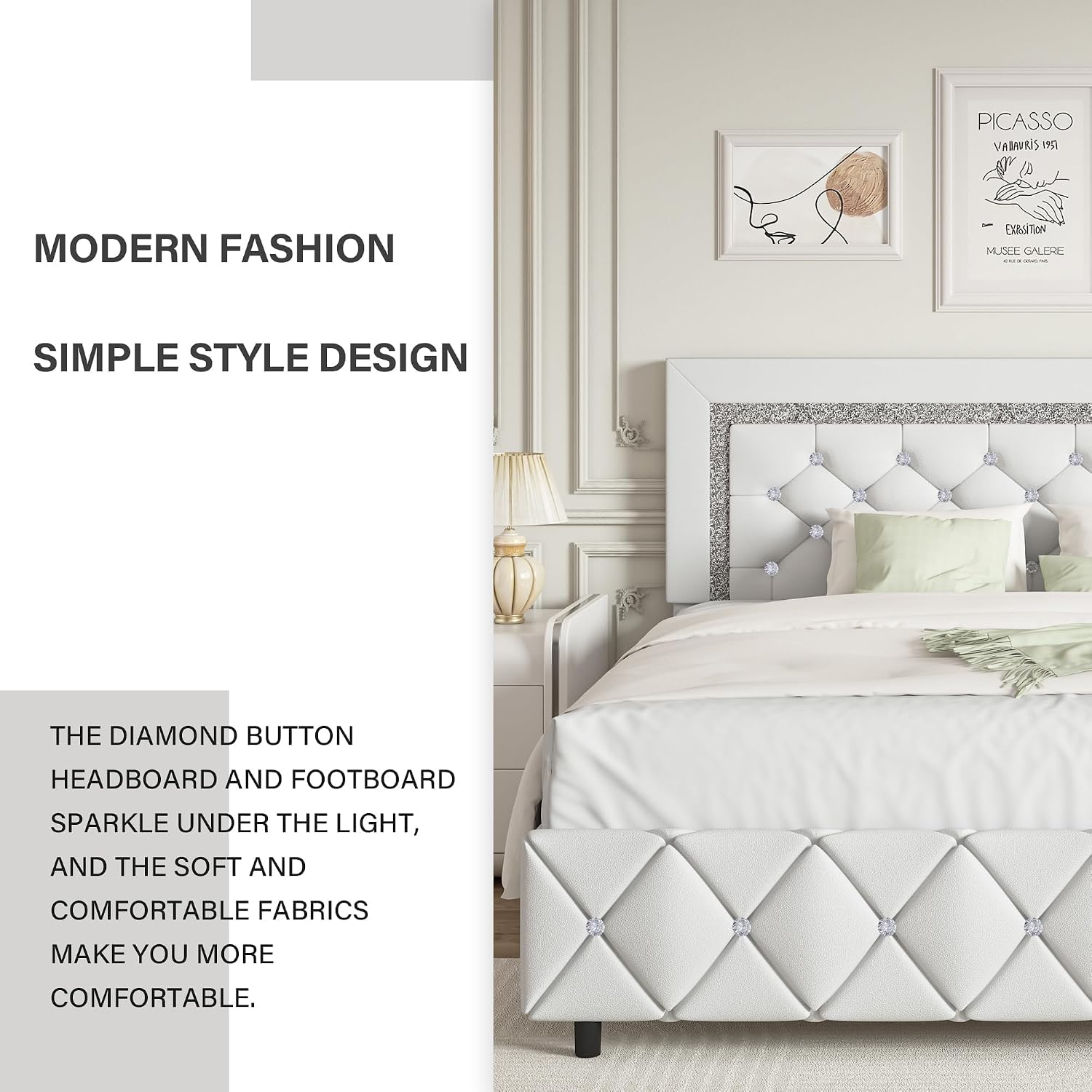BarnFurin Full Size Bed Frame, Upholstered Platform Bed with Button Tufted Headboard, Princess Platform Bed with Diamond Design, Wooden Slats Support, No Box Spring Required, Easy Assembly, White