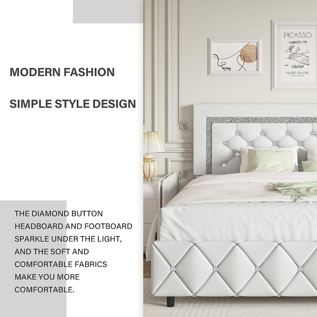 BarnFurin Queen Bed Frame, Upholstered Platform Bed with Button Tufted Headboard, Princess Platform Bed with Crystal Design, Wooden Slats Support, No Box Spring Required, Easy Assembly, White