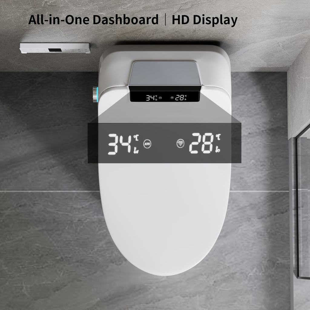 Smart Toilet Bidet with Foot Sensor Open Cover,Seat, Self Cleaning Nozzle, LED Display, Three Level Heated Seat,Airflow, Night Light, Knob Control, Soft Close, Auto Flush, with Remote Control