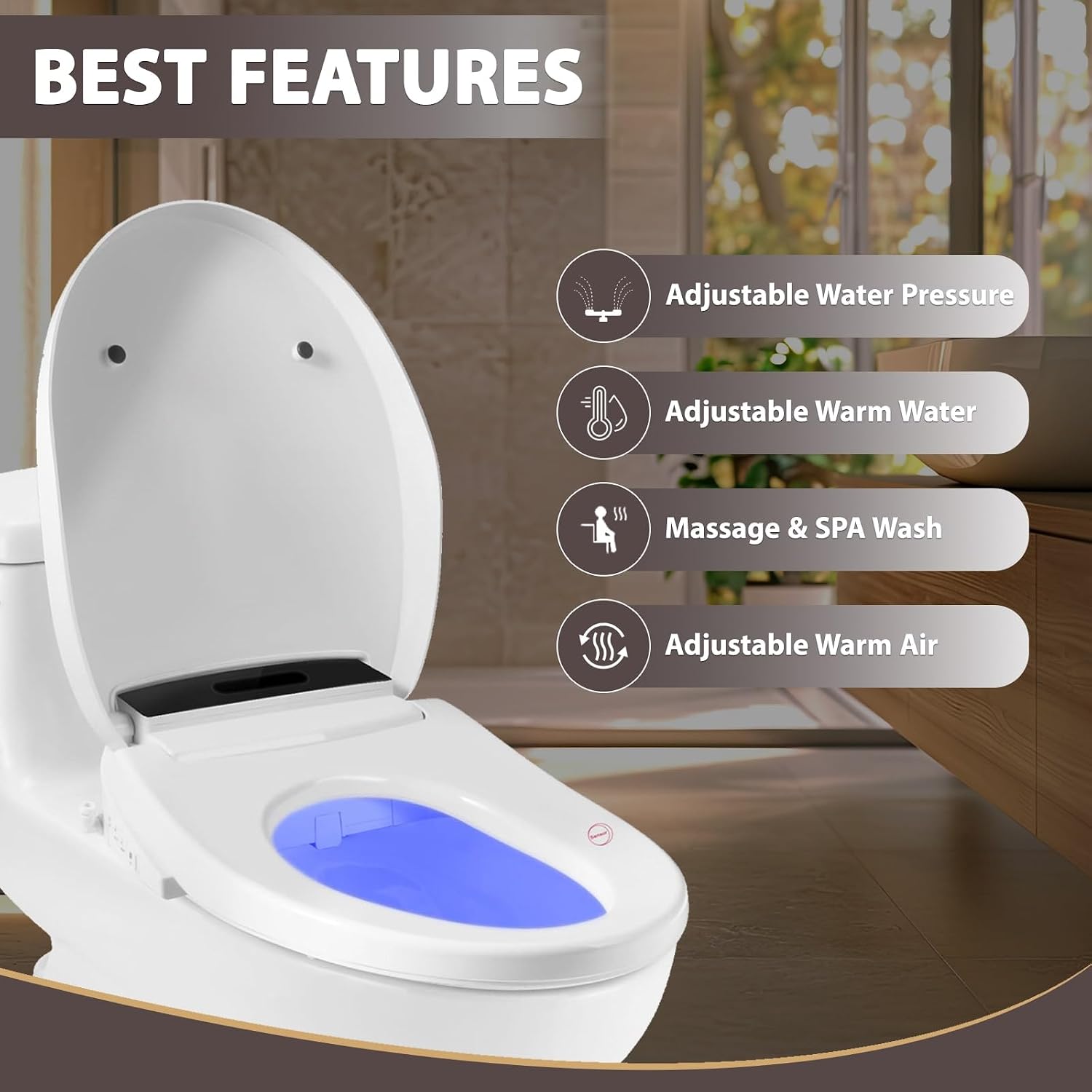 Electric Smart Toilet Seat Bidet with Slow Close Lid Cover, Instant Heated Seat, LCD, Adjustable Water Pressure & Temperature, Dual Positions, Self-Cleaning Nozzle, Night Light- Elongated