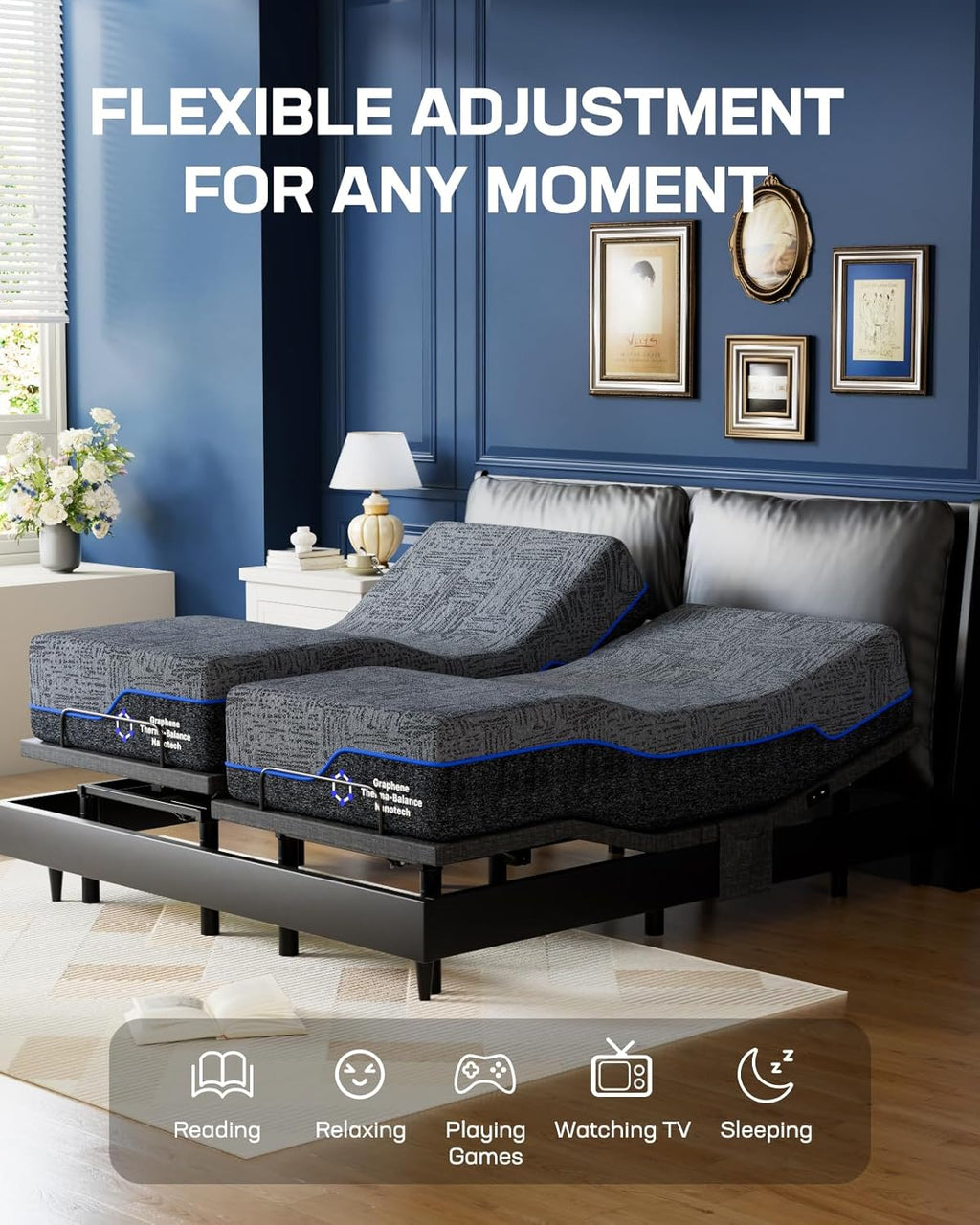 Marsail NS0 Full Adjustable Bed Base - Smart Dual Motor Bed Frame with Wireless Remote, 3-Min Assembly, Zero Gravity & Anti-Snore Modes, Under Bed Lighting, 4 USB Ports
