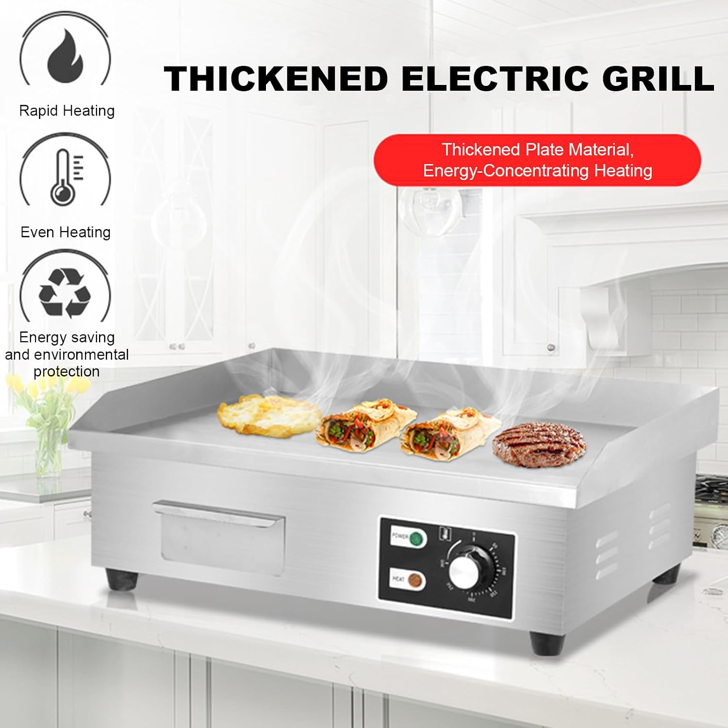 Commercial Electric Griddle, 3000 W Nonstick Stainless Steel Electric Griddle, Stainless Steel Countertop Grill with Flat Surface, 8mm thick iron plate, For Camping, Commercial 66 * 47 * 22CM
