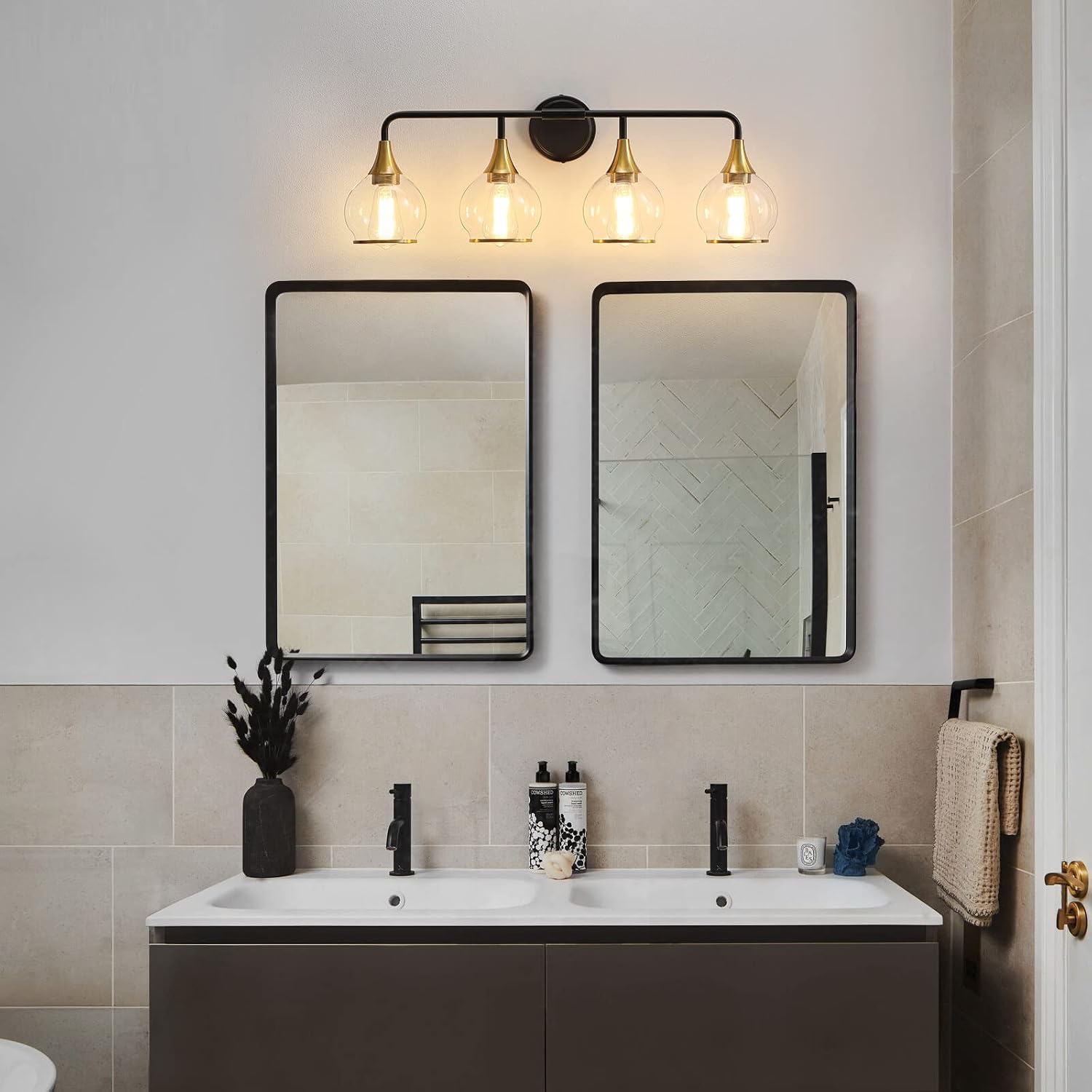 Black and Gold Bathroom Vanity Light 4-Light Bathroom Vanity Light Fixtures Over Mirror with Clear Glass Shade 30.7 inch Wall Sconce Lighting Bath(Exclude E26 Bulb)