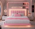 HOMBCK Floating Bed Frame Queen with Smart LED Lights, Faux Leather Upholstered Bed with Diamond PU Headboard, No Box Spring Needed, Noise-Free, Easy Assembly, Pink