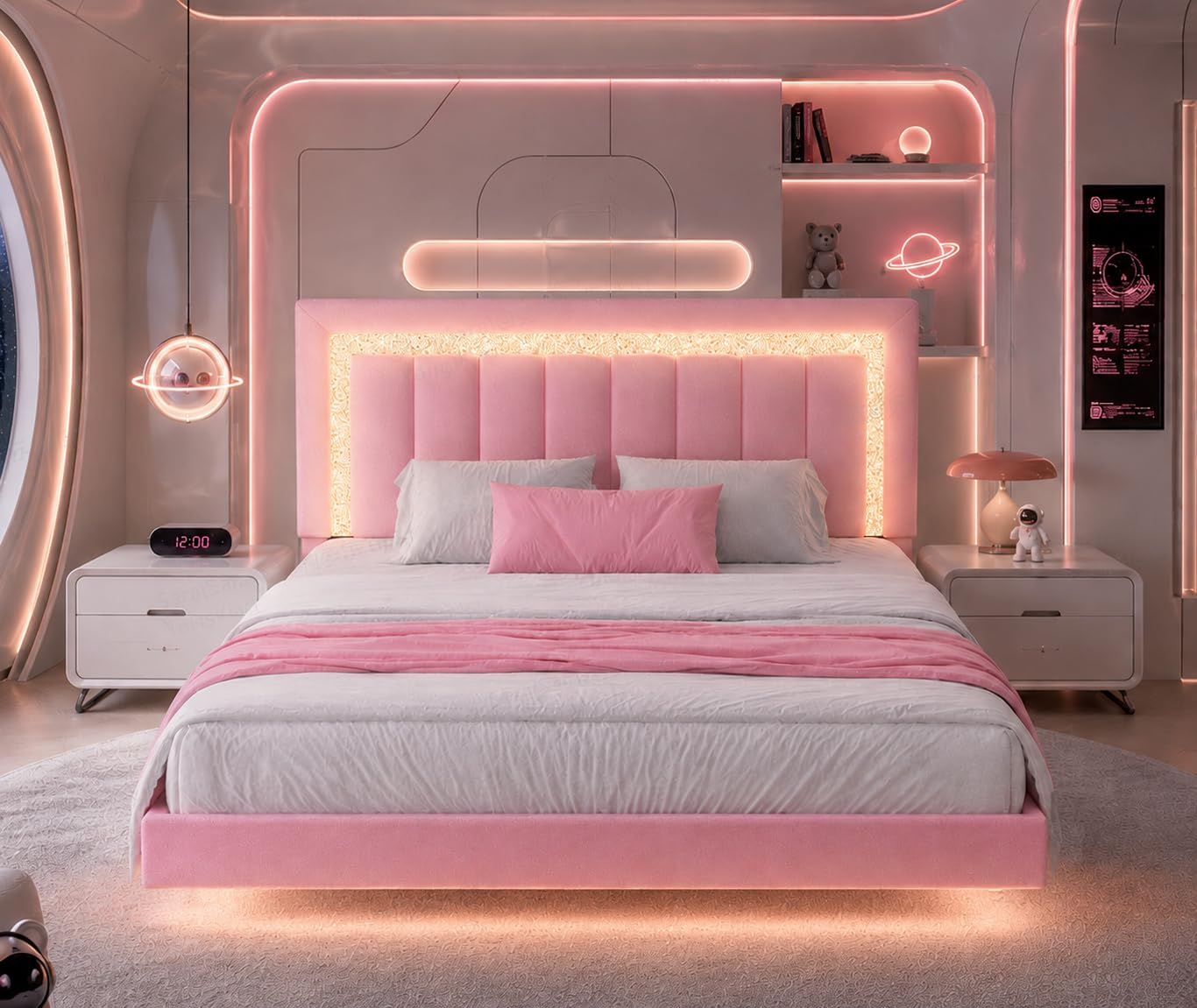 HOMBCK Floating Bed Frame Queen with Smart LED Lights, Faux Leather Upholstered Bed with Diamond PU Headboard, No Box Spring Needed, Noise-Free, Easy Assembly, Pink