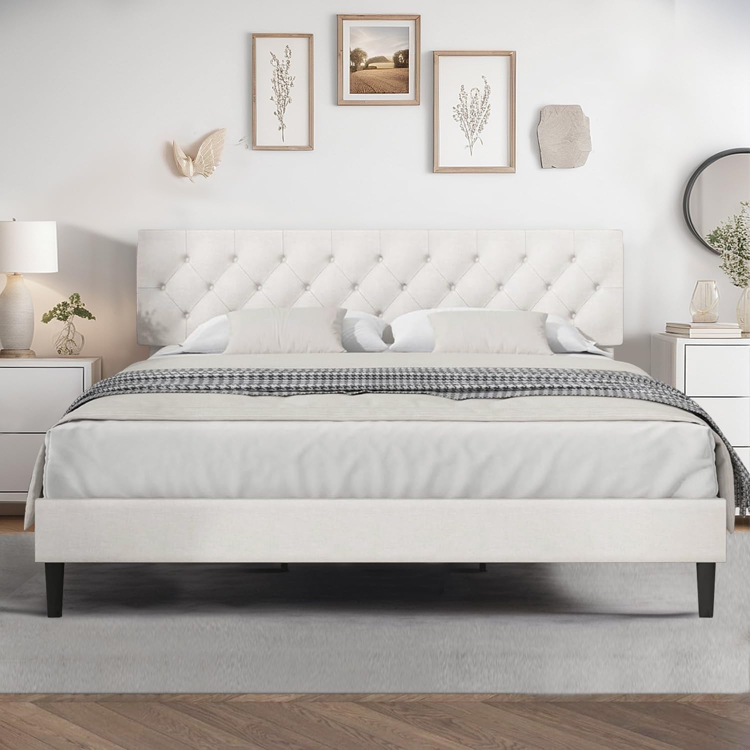 HOMBCK King Size Bed Frame, Linen Fabric Upholstered Bed Frame King Size with Headboard, Wood Slats Support, Button Tufted Design, No Box Spring Needed, White