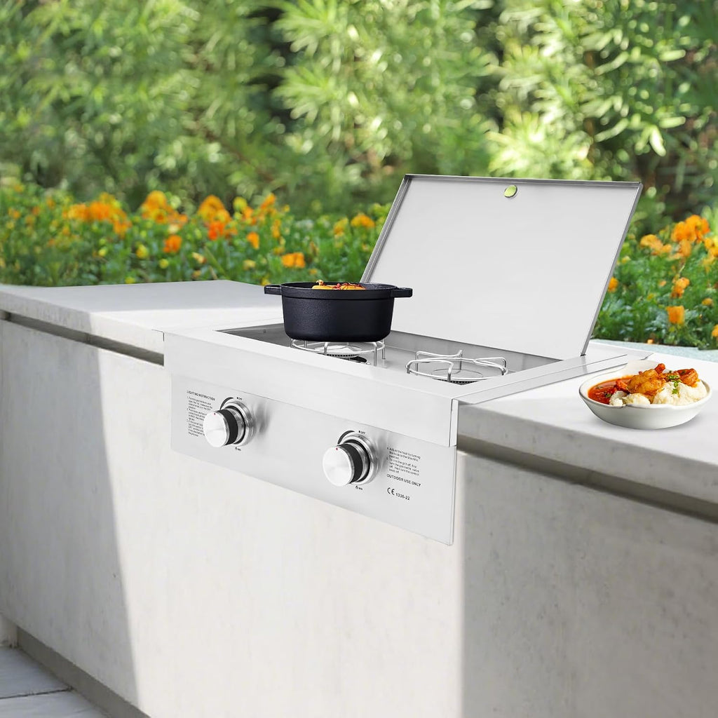 2-Burner Stove for Outdoor Kitchen, Built-in Stainless Steel Side Burner with Removable Grates & Cover, Gas Stove for BBQ Island, Patio, Backyard (Liquid Propane, Double Burner)