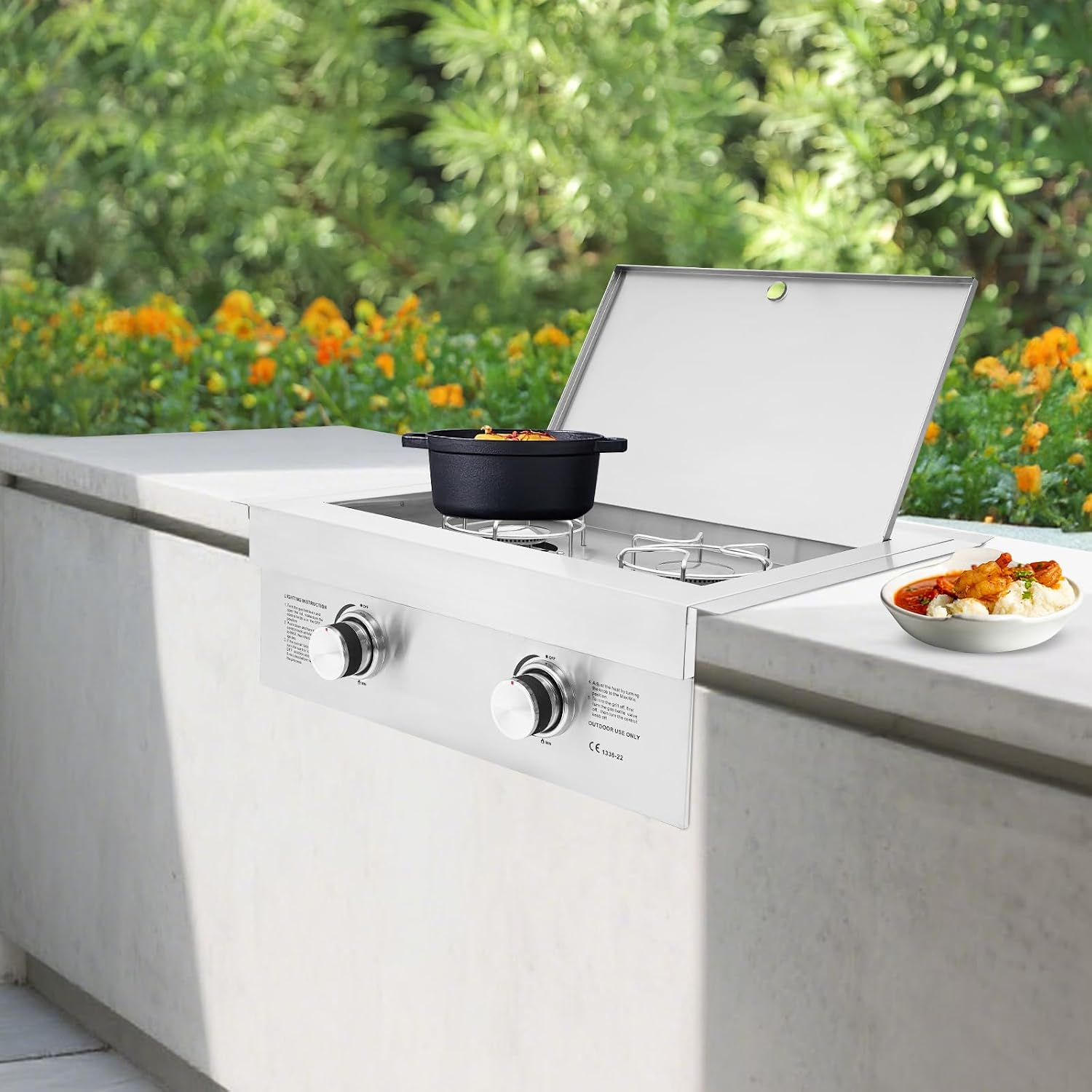 2-Burner Stove for Outdoor Kitchen, Built-in Stainless Steel Side Burner with Removable Grates & Cover, Gas Stove for BBQ Island, Patio, Backyard (Liquid Propane, Double Burner)