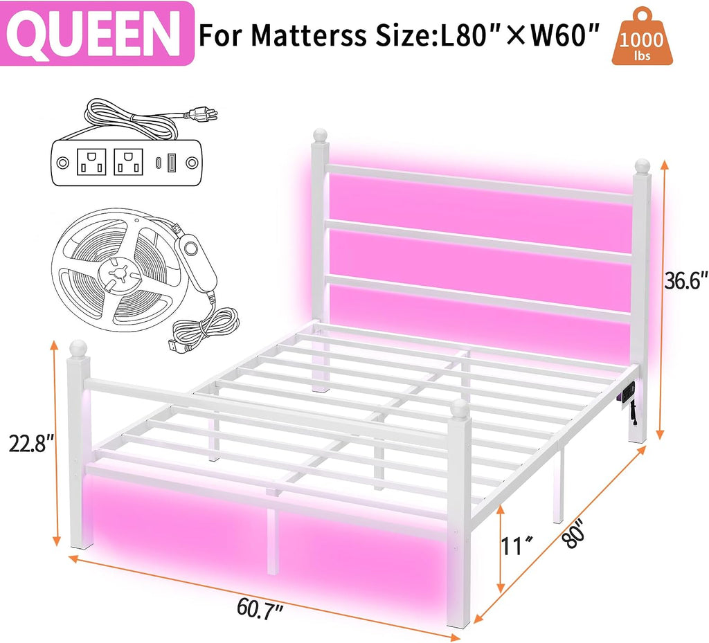 CLIBFENG Queen Size Bed Frame with Headboard and Footboard,Steel Slats Support-LED Bed Frame with USB Charging Station,Mattress Foundation-Under Bed Storage,No Box Spring Needed,Noise Free,White