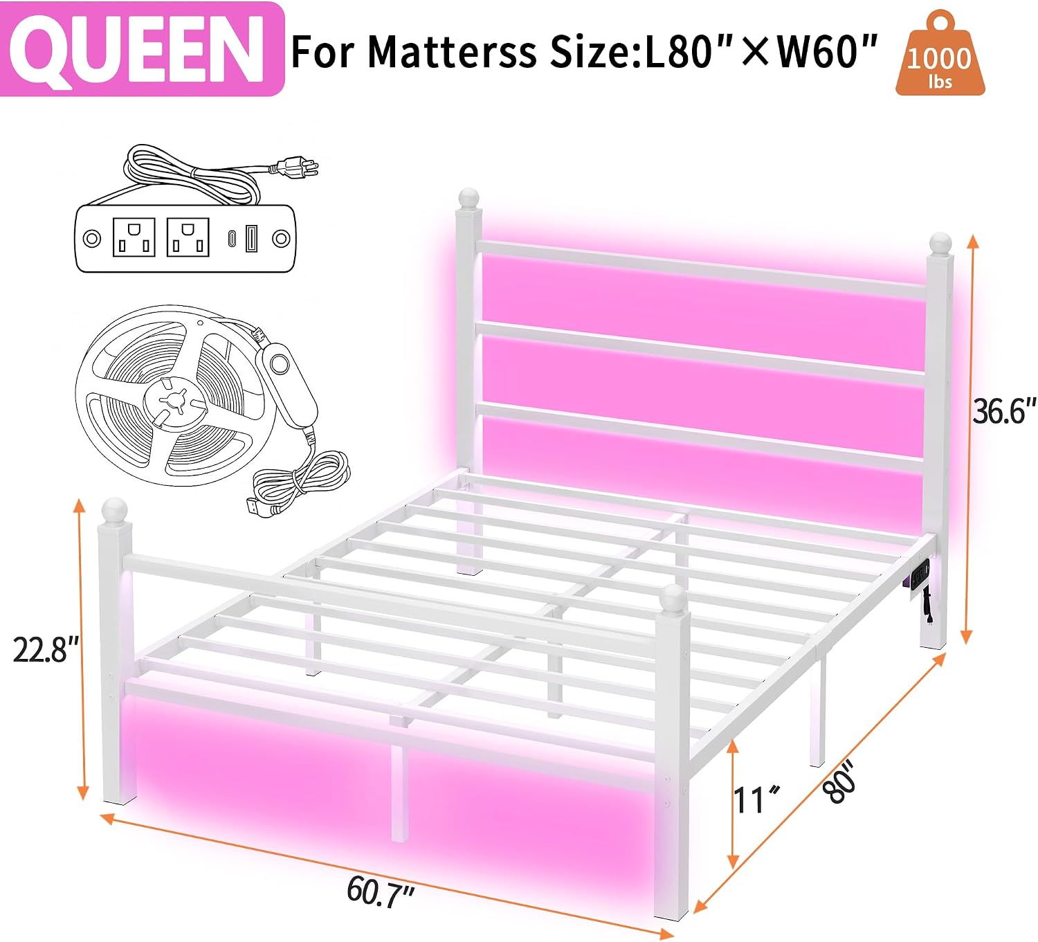 CLIBFENG Queen Size Bed Frame with Headboard and Footboard,Steel Slats Support-LED Bed Frame with USB Charging Station,Mattress Foundation-Under Bed Storage,No Box Spring Needed,Noise Free,White