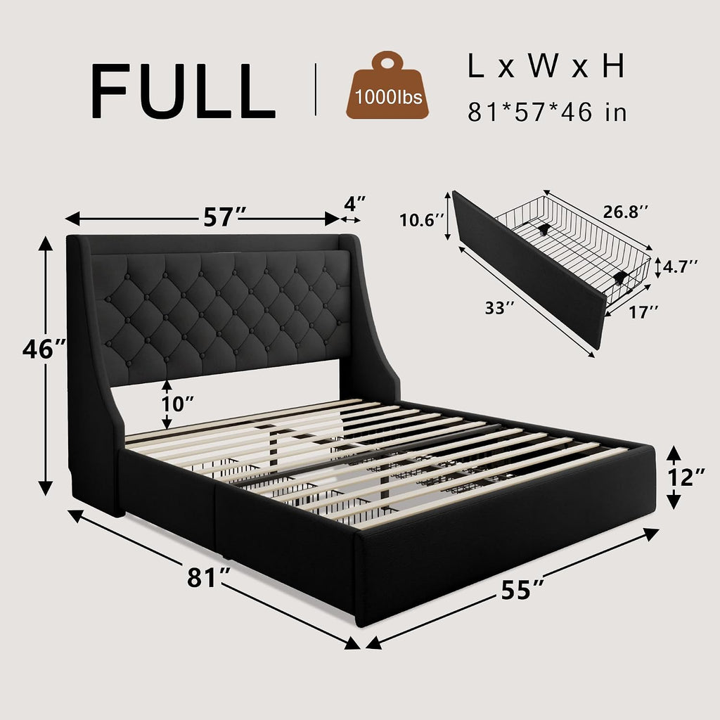 Einhomn Upholstered Full Size Bed Frame with 4 Storage Drawers, Platform Bed with Large Wingback Headboard, Charging Station, No Box Spring Needed, Easy Assembly, Black