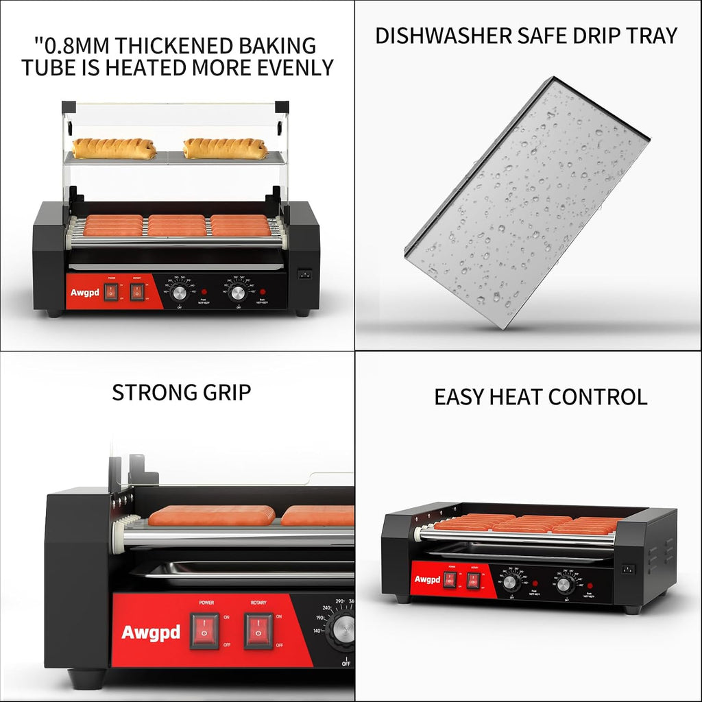Hot Dog Roller Machine, Hot Dog Roller 5 Rollers 12 Hot Dogs Capacity, Hot Dog Roller with Glass Cover, Drip Tray, Dual Temperature Control for Commercial and Household Use (5 Rollers+Cover)