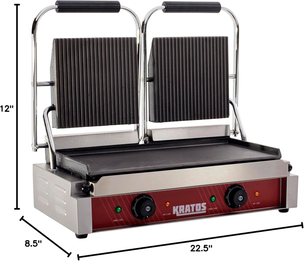 Kratos Commercial Electric Panini Sandwich Grill with Grooved Top and Smooth Bottom Plates, 18.7'x9' Cooking Surface, Commercial Countertop Panini Press, 120V, 3500W (29Y-025)
