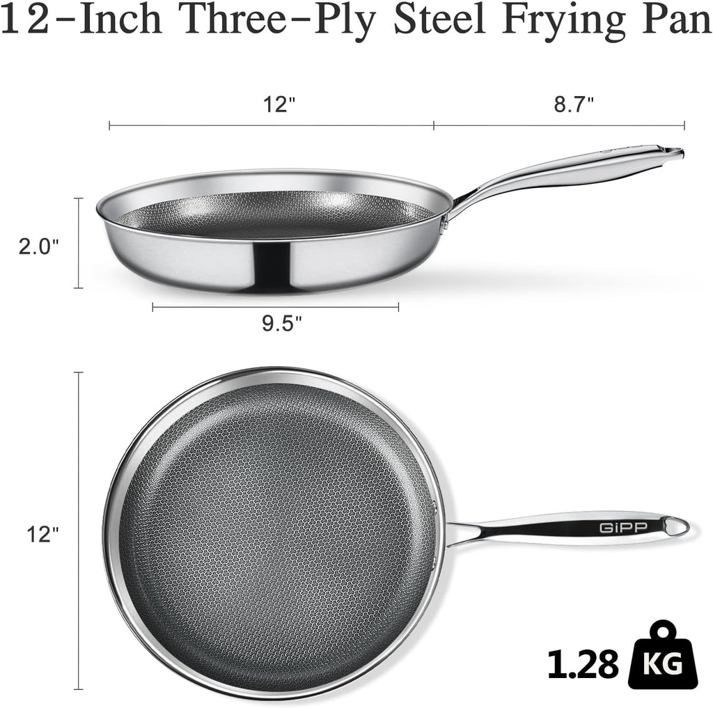 GiPP Tri-Ply Stainless Steel Frying Pan, 12 inch Hybrid Frying Pans Nonstick Skillets, Dishwasher and Oven-Safe, Induction Ready, Compatible with All Cook tops, PFOS/PFOA Free
