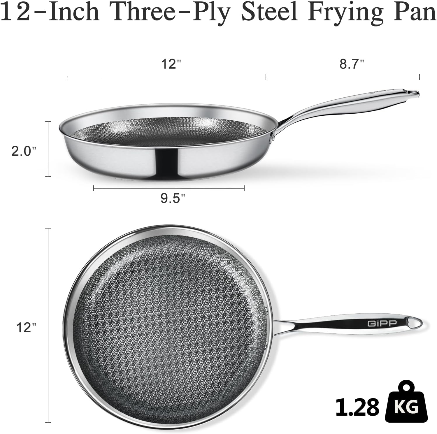GiPP Tri-Ply Stainless Steel Frying Pan, 12 inch Hybrid Frying Pans Nonstick Skillets, Dishwasher and Oven-Safe, Induction Ready, Compatible with All Cook tops, PFOS/PFOA Free