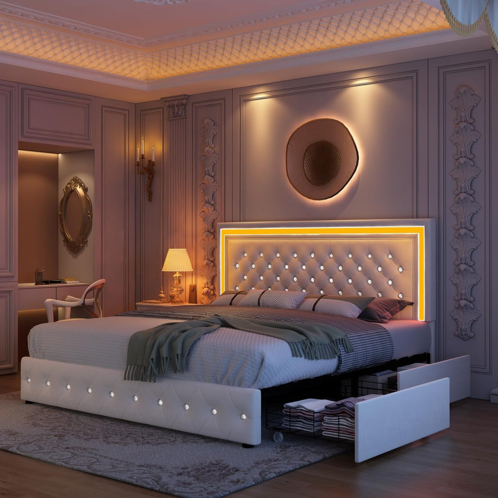 GEGOFORU King Led Bed Frame with 4 Storage Drawers, Bed Frame with Led Lights No Box Spring Needed, 900 lbs Capacity, Easy Assembly, Velvet Cream