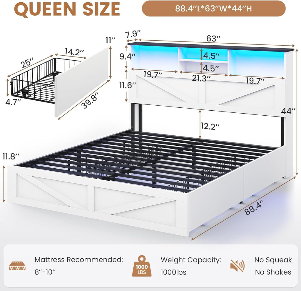 VIAGDO Farmhouse Bed Frame Queen Size with Bookcase Storage Headboard, Charging Station and LED Lights, Wooden Queen Bed Frame with 4 Drawers, Barn Door Design, No Box Spring Needed, No Noise, White