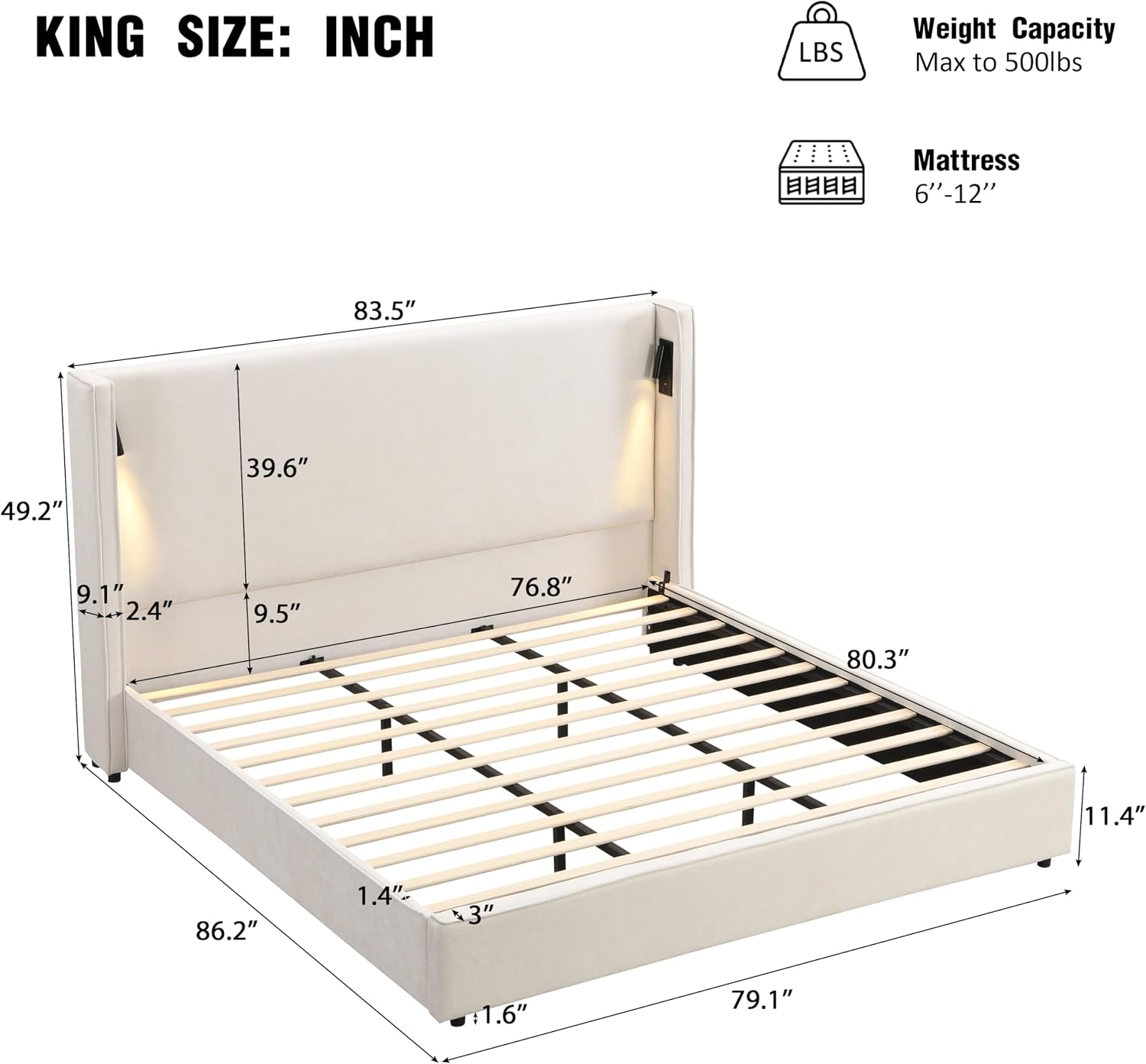 Christopher Knight Home Hazel 49.20' H King Headboard Bed, Upholstered King Size Bed, Slats Panel Support Platform, No Spring Box Needed, Wingback Headboard with Reading Lamps and USB, Beige