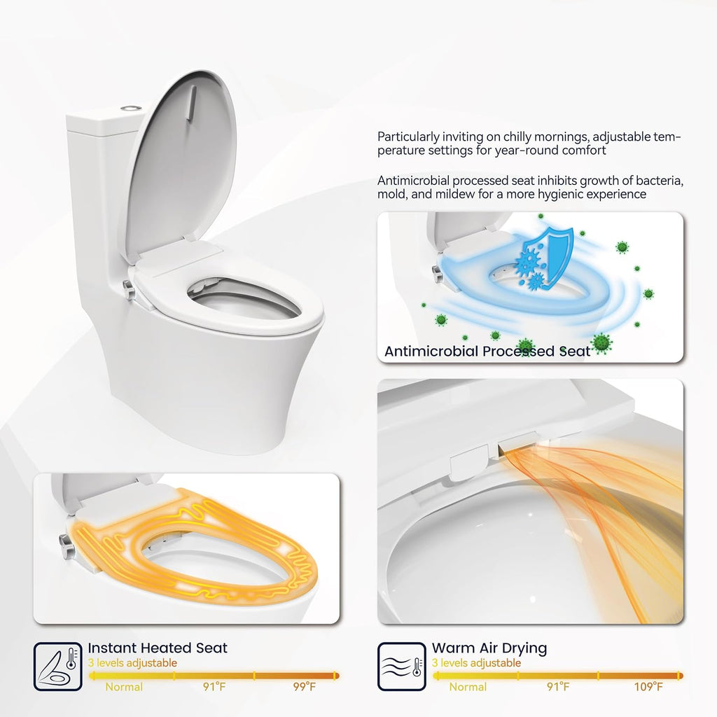 Smart Bidet Toilet Seat with Heated Seat, Warm Water Wash, Air Dryer, Adjustable Nozzle, Remote Control and Night Light