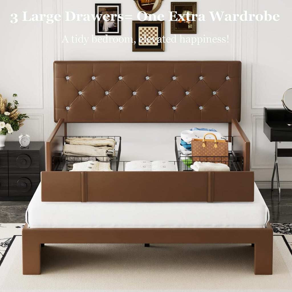 VECELO Full Size Bed Frame with 3 Storage Drawers, Leather Upholstered with Diamond Tufted Headboard, Solid Wood Slat Support & Steel Framework, PU & Brown