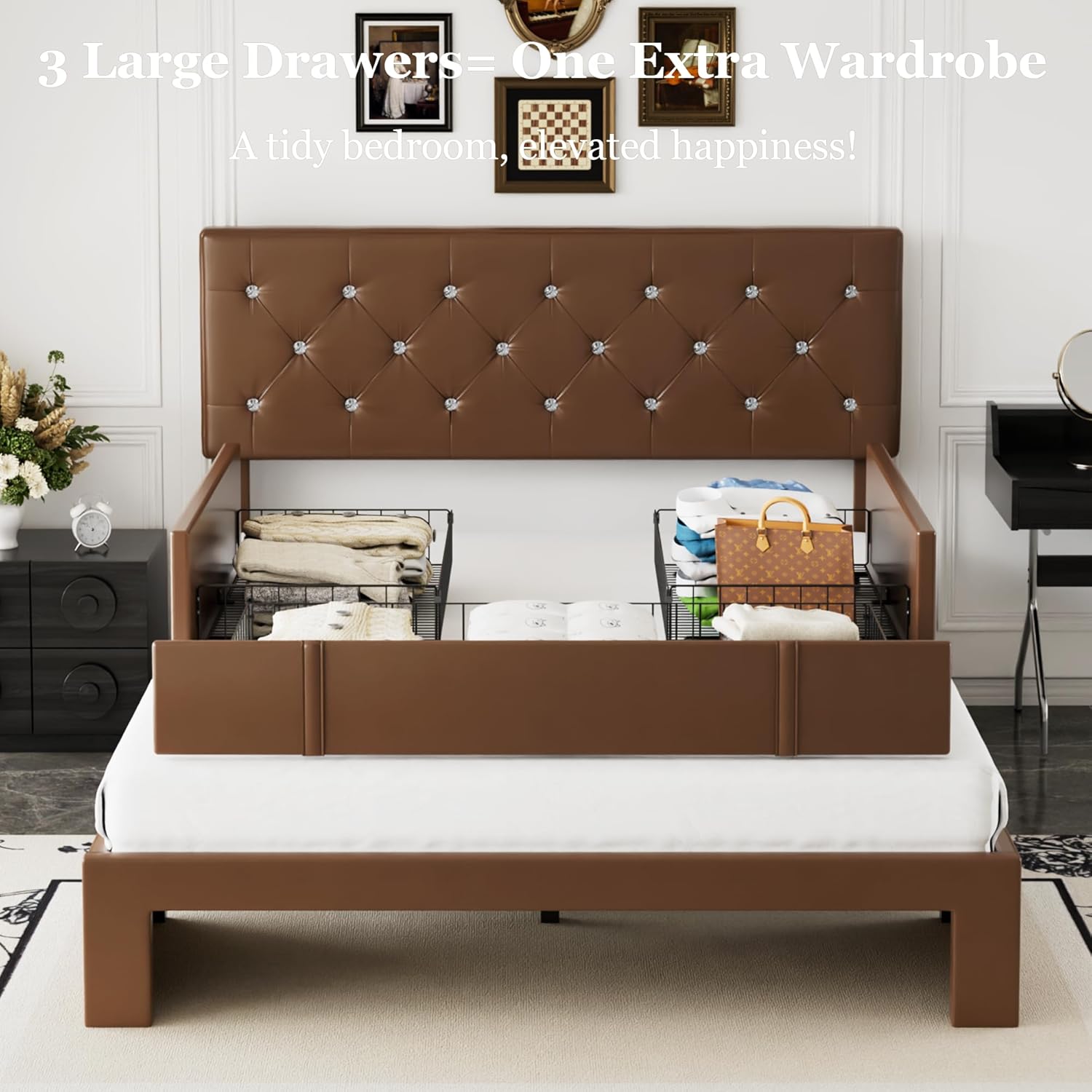 VECELO Full Size Bed Frame with 3 Storage Drawers, Leather Upholstered with Diamond Tufted Headboard, Solid Wood Slat Support & Steel Framework, PU & Brown