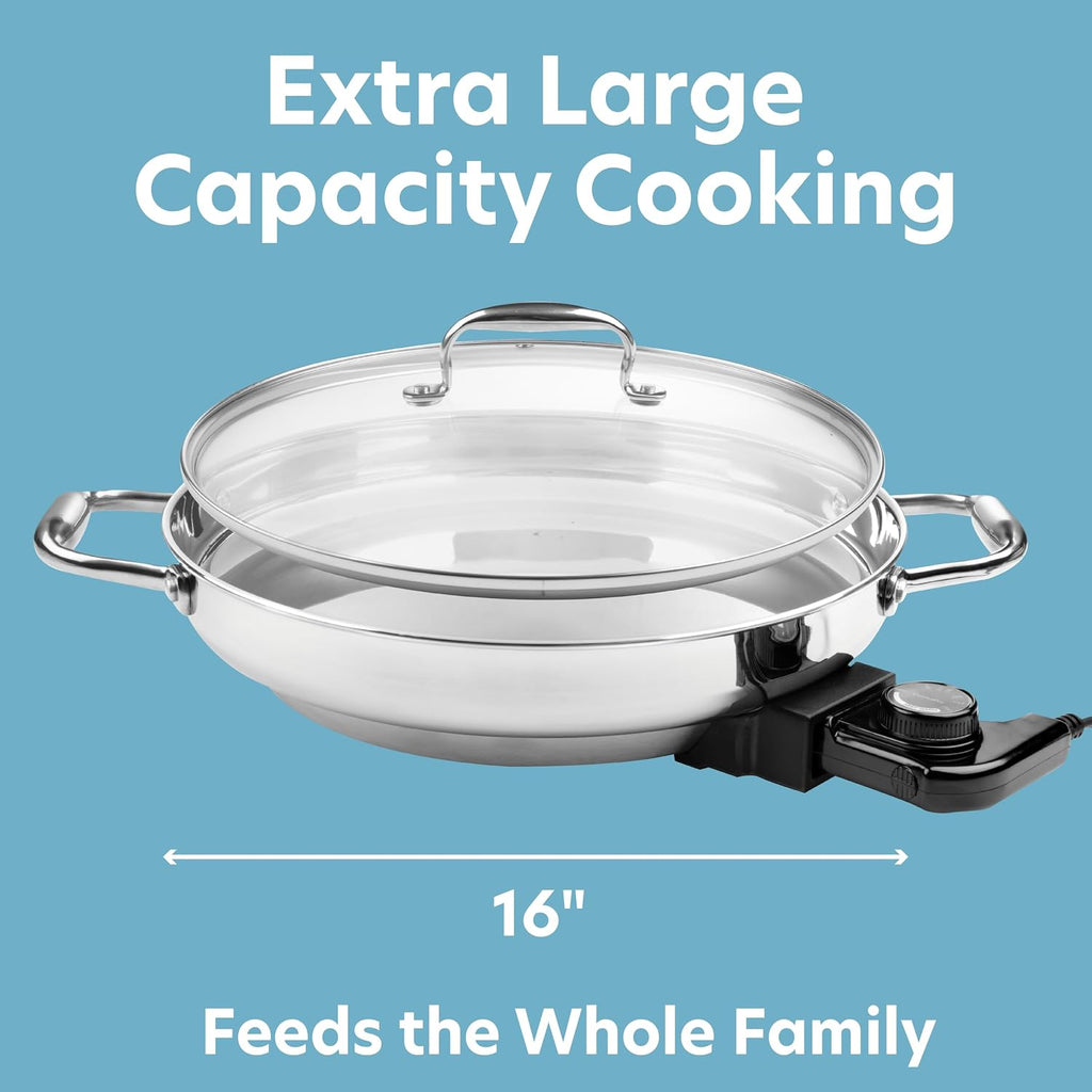 XL Electric 16' Skillet By CucinaPro- 18/10 Stainless Steel Frying Pan with Tempered Glass Lid and Handle, Round with Adjustable Temperature Control Probe, Portable, Includes Recipe Guide, Great Gift