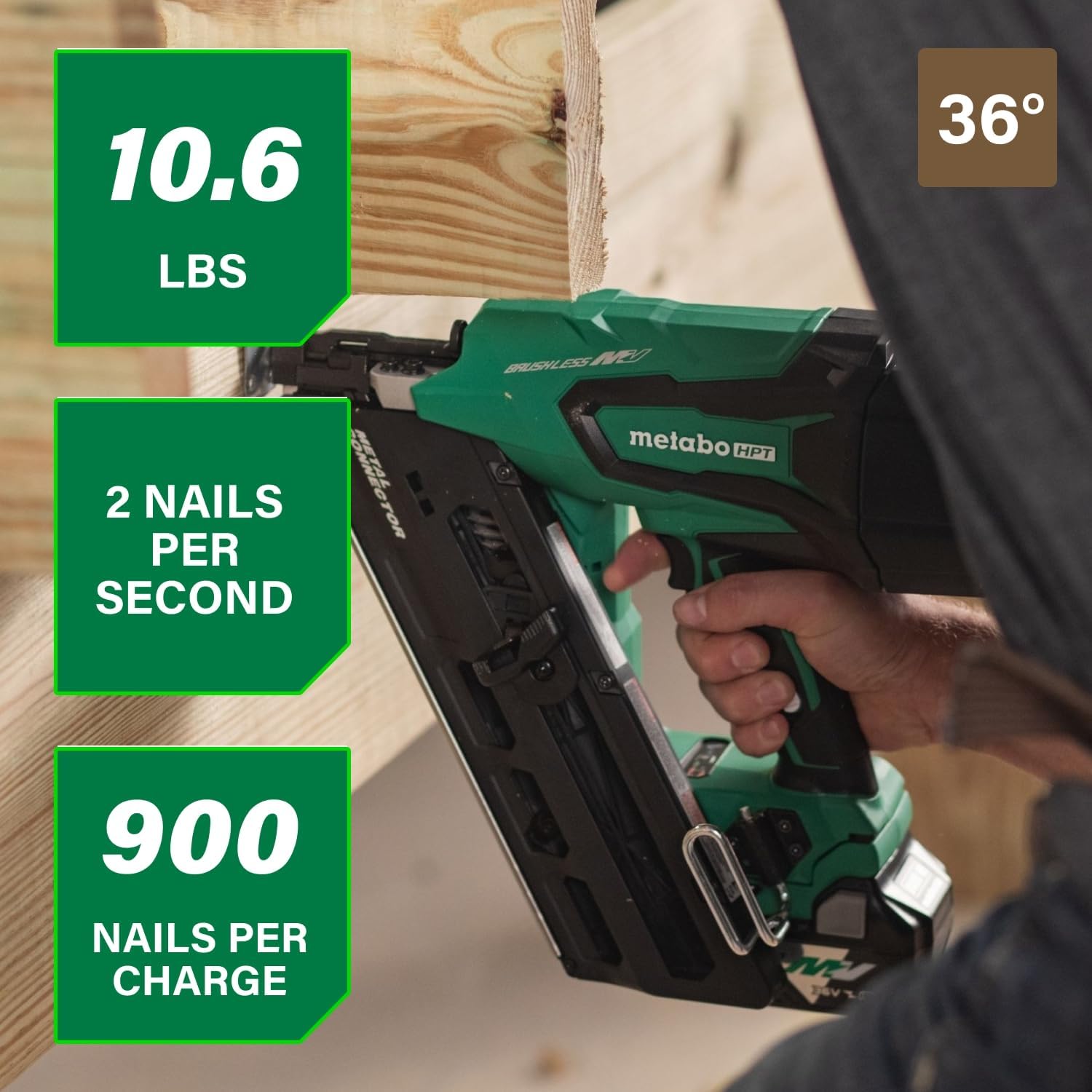 Metabo HPT 36V MultiVolt Cordless Metal Connector Nailer, Power Tool MultiVolt 36V 2.5 Ah Li-ion battery, Pro Tools Innovation Award Winner, Drives 1-1/2' to 2-1/2' Nails, 900 per Charge, NR3665DA
