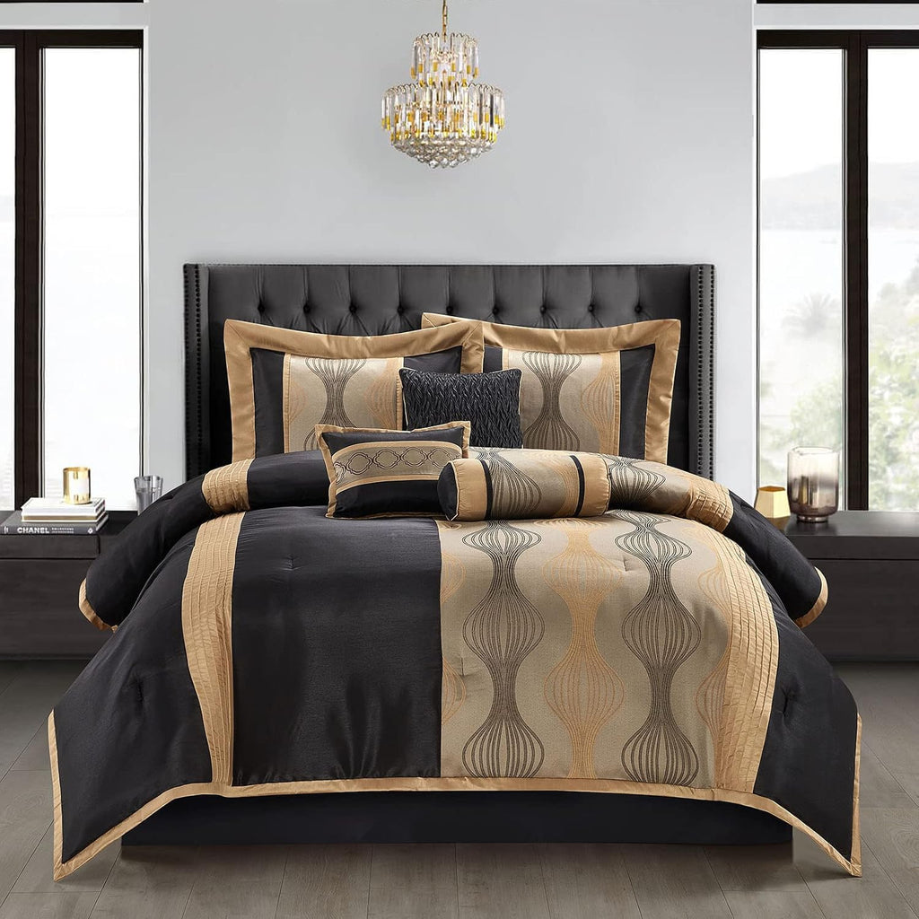 Grand Avenue Elegant Black and Gold Comforter Set, Striped, 7 Pieces Jacquard Bedding Sets with Comforter, Bed Skirt, Pillows & Shams, California King Size All Season, Lightweight Microfiber