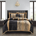 Grand Avenue Elegant Black and Gold Comforter Set, Striped, 7 Pieces Jacquard Bedding Sets with Comforter, Bed Skirt, Pillows & Shams, California King Size All Season, Lightweight Microfiber